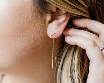 Pendientes de enhebrado, pendientes minimalistas, regalos para ella, pendientes de cadena, pendientes sencillos de oro, pendientes colgantes de oro, pendientes de barra de oro.