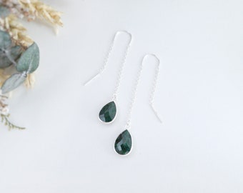 Sterling Silver Emerald Earrings - Emerald Threader Earrings - Sterling Silver Emerald Dangle Earrings - Natural Emerald Chain Earrings