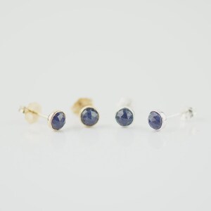 May include: Two pairs of stud earrings featuring round, faceted dark blue stones set in metal. One pair is set in a warm-toned yellow metal, while the other pair is set in a cool-toned silver-colored metal. Each earring has a post back closure.