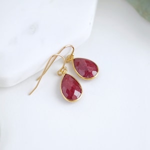 Natural Ruby Earrings Gold Ruby Jewelry Dainty Earrings Gold Dangle Earrings Small Earrings July Birthstone