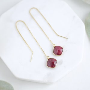 Natural Ruby Threader Earrings Gold Ruby Drop Earrings Natural Ruby Dangle Earrings July Birthstone
