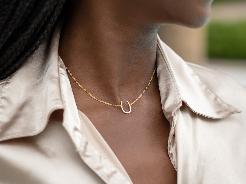 Puede incluir: Un collar de cadena de oro con un colgante de herradura. El collar lo lleva una persona con el pelo oscuro y una camisa marr&oacute;n claro.