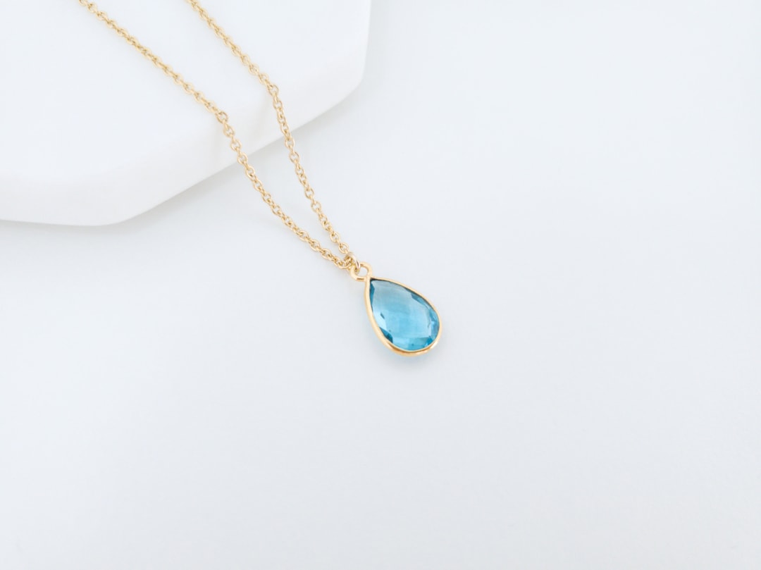 Blue Topaz Necklace Gold Topaz Pendant Tear Drop Necklace Tiny Topaz
