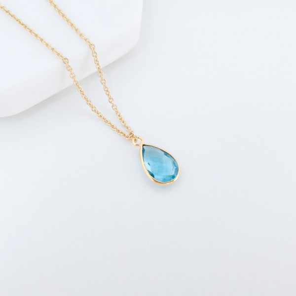 Blue Topaz Necklace - Gold Topaz Pendant - Tear Drop Necklace - Tiny Topaz Jewelry - December Birthstone