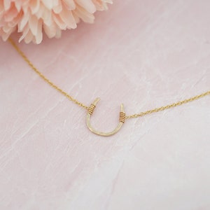 Puede incluir: Un collar de herradura de oro sobre un fondo rosa. La herradura est&aacute; hecha de metal martillado y tiene una cadena delicada.