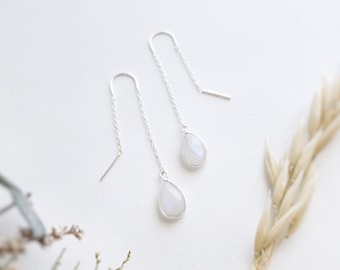 Sterling Silver Moonstone Earrings - Rainbow Moonstone Threader Earrings -Sterling Silver Threader Earrings - Rainbow Moonstone Jewelry