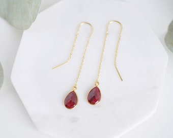 Gold Ruby Earrings Natural Ruby Threader Earrings Gold Ruby Drop Earrings Natural Ruby Dangle Earrings July Birthstone