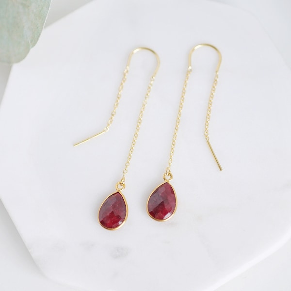 Gold Ruby Earrings Natural Ruby Threader Earrings Gold Ruby Drop Earrings Natural Ruby Dangle Earrings July Birthstone