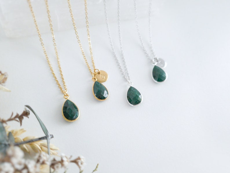 Sterling Silver Emerald Necklace Natural Emerald Pendant Necklace Teardrop Necklace Gold Emerald Jewelry May Birthstone Gift image 7