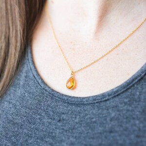 May include: A gold chain necklace with a teardrop-shaped amber pendant.