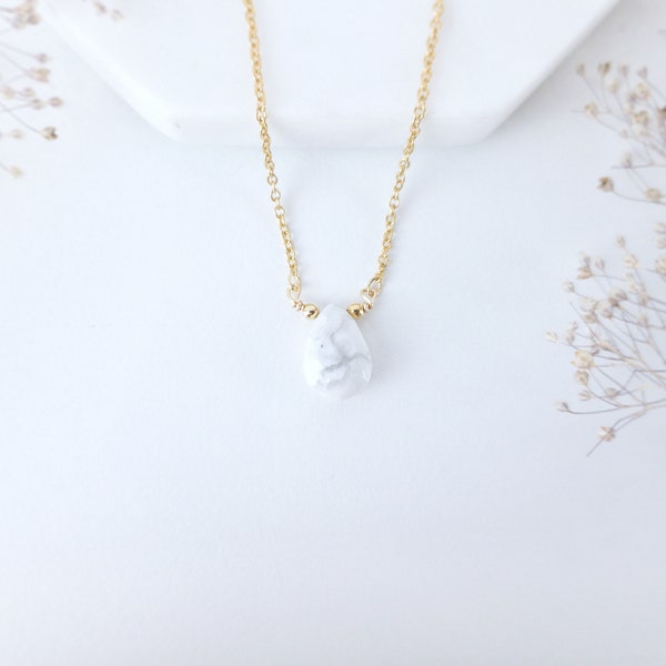 Howlite Necklace White Howlite Pendant Necklace Natural Howlite Jewelry Teardrop Pendant Necklace White Stone Necklace