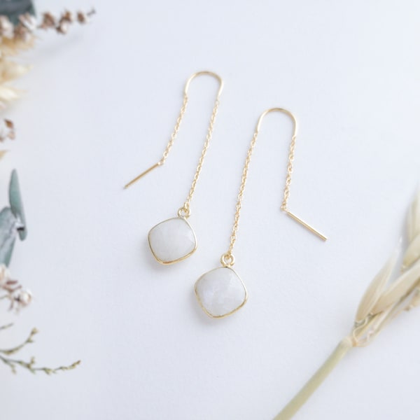 Gold Moonstone Threader Earrings Rainbow Moonstone Drop Earrings Rainbow Moonstone Jewelry