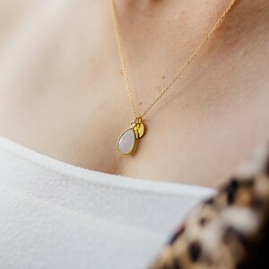 May include: A gold chain necklace with a teardrop-shaped white stone pendant and a small gold disc pendant.