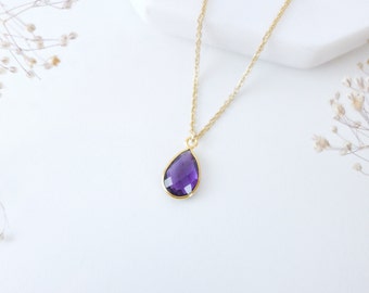 Colar de ametista dourado com pingente de ametista, joia de ametista, colar de pedra de aniversário, colar de lágrima, pedra de aniversário de fevereiro