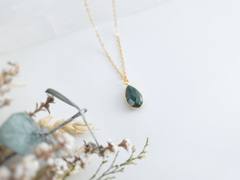 Sterling Silver Emerald Necklace Natural Emerald Pendant Necklace Teardrop Necklace Gold Emerald Jewelry May Birthstone Gift image 2