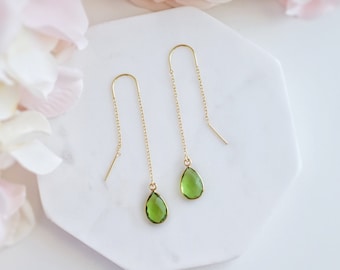 Pendientes de peridoto - Pendientes de hilo de piedra de nacimiento de peridoto - Pendientes de rosca - Pendientes colgantes - Pendientes de cadena - Pendientes de lágrima