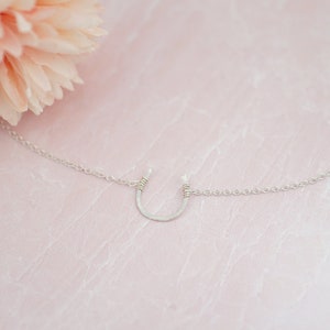 Puede incluir: Un collar de plata en forma de herradura con una cadena delicada. La herradura est&aacute; martillada y tiene un acabado ligeramente texturizado.