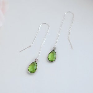 Peridot Earrings - Threader Earrings - Chain Earrings - Teardrop Earrings Peridot Birthstone - Thread Earrings - Dangle Earrings