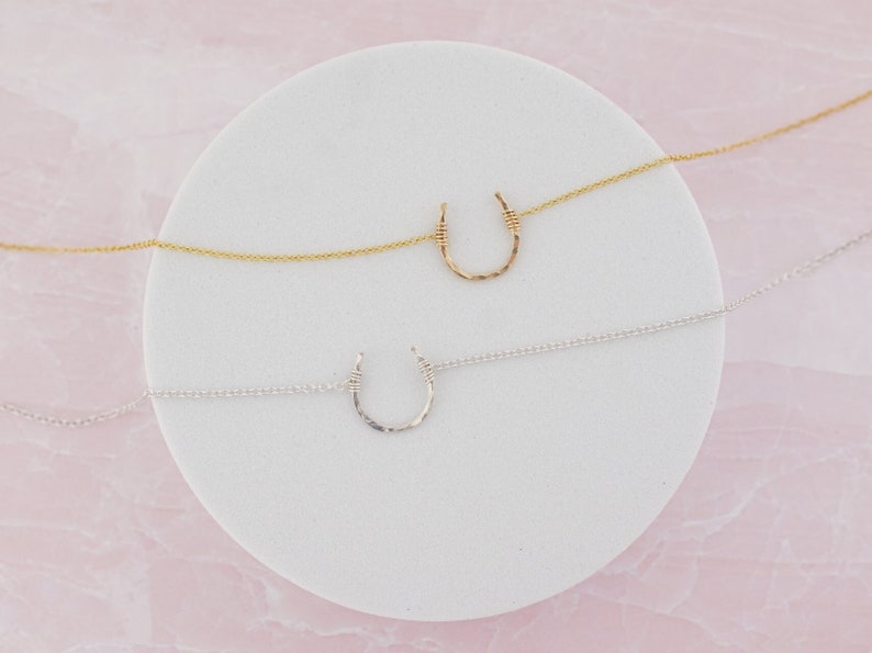 Puede incluir: Dos delicados collares con colgantes de herradura. Un collar tiene un colgante de herradura de oro, y el otro tiene un colgante de herradura de plata. Ambos collares se muestran sobre una superficie circular blanca.