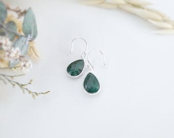 Sterling Silver Emerald Earrings, Natural Emerald Jewelry, Teardrop Earrings, Green Stone Drops, May Birthstone