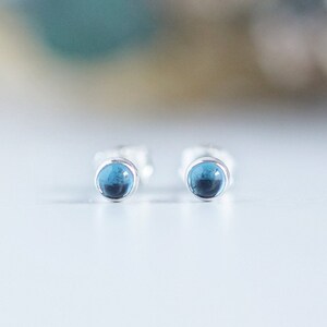 May include: A pair of silver stud earrings with small, round, blue gemstones.