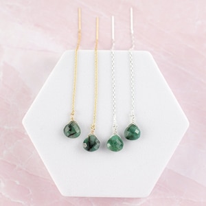 Emerald Threader Earrings Emerald Earrings May Birthstone Earrings Emerald Jewelry 55th Anniversary Gift