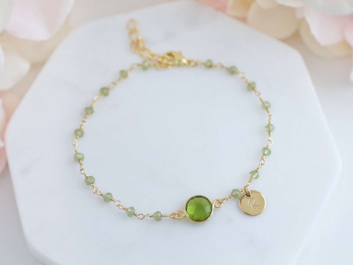 Personalized Peridot Bracelet Gold Peridot Jewelry Initial Etsy