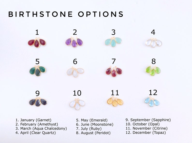 May include: Chart showing 12 birthstone options, each represented by a cluster of three teardrop-shaped gemstones. The chart is labeled with numbers 1 through 12, and each number corresponds to a month of the year. The birthstones are: Garnet, Amethyst, Aqua Chalcedony, Clear Quartz, Emerald, Moonstone, Ruby, Peridot, Sapphire, Opal, Citrine, and Topaz.