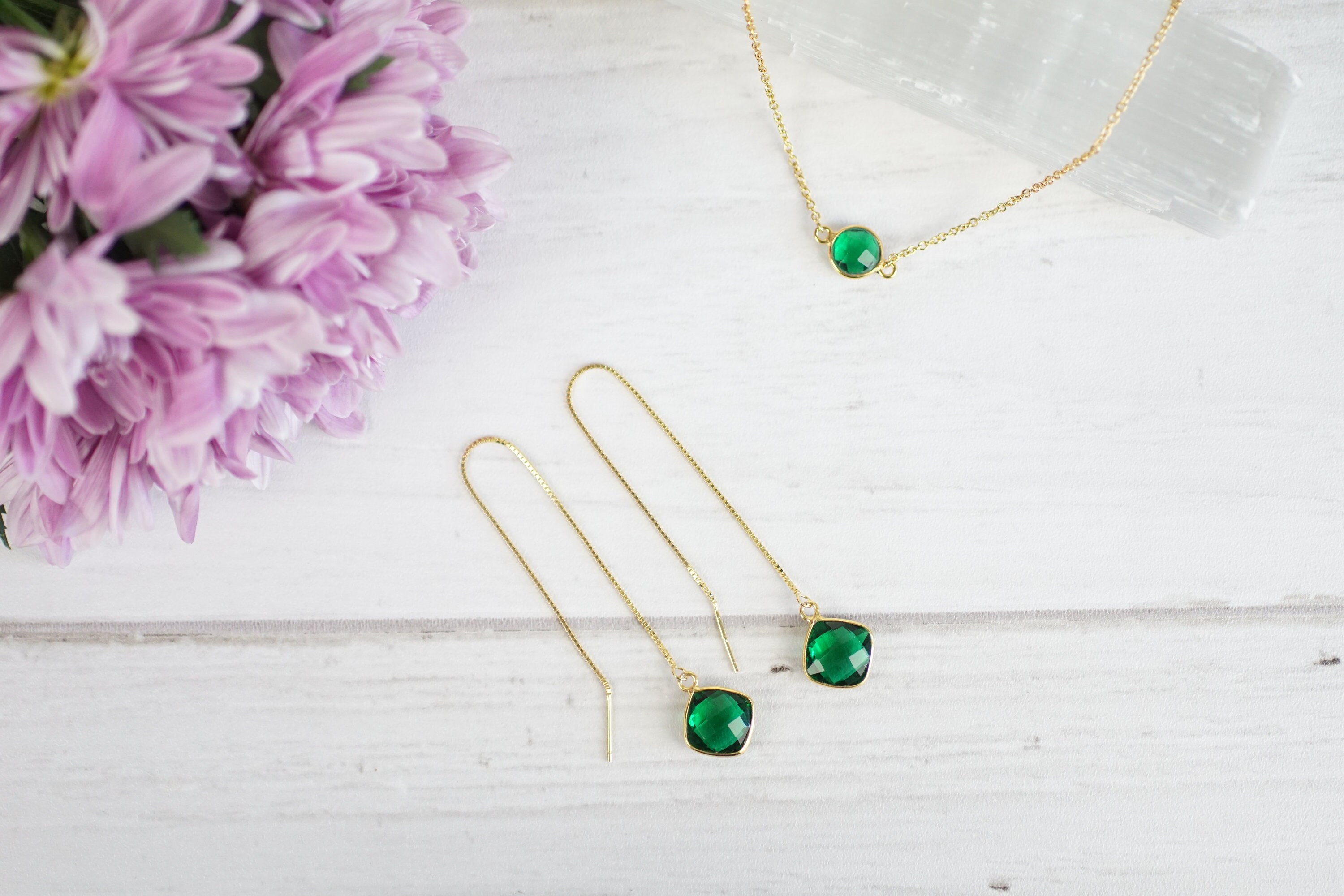 Emerald Earrings Green Threader Earrings Long Chain Earrings | Etsy