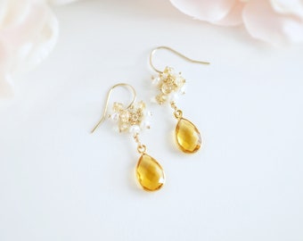 Citrine Earring Unique Earrings Vintage Earrings Cluster Earrings Pearl Drop Earrings Citrine Jewelry