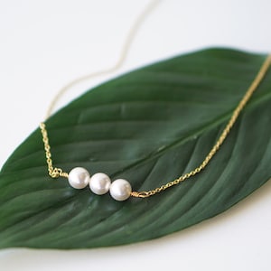3 Pearl Necklace Three Pearl Necklace Triple Pearl Jewelry Pearl Bar Necklace June Birthstone