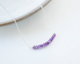 Sterling Silver Amethyst Bar Necklace Purple Necklace Beaded Bar Necklace Tiny Amethyst Birthstone Necklace for Women