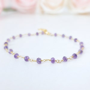 Amethyst Bracelet Rosary Bracelet Gemstone Bracelet Amethyst Jewelry February Birthstone Gold Purple Stone Bracelet Gold Plated