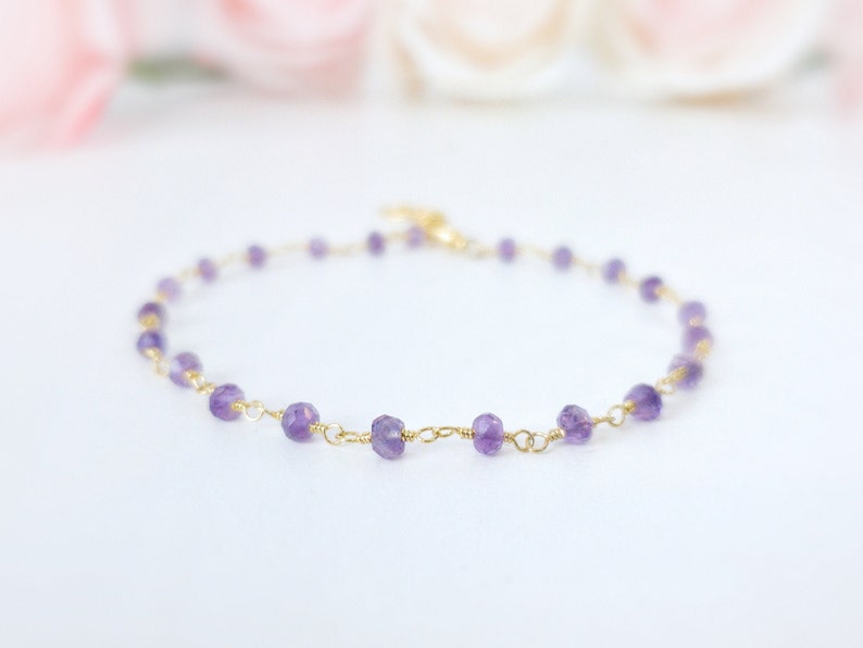 Amethyst Bracelet Rosary Bracelet Gemstone Bracelet Amethyst Jewelry February Birthstone Gold Purple Stone Bracelet Gold Plated