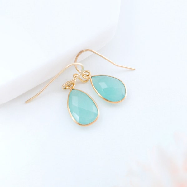 Aqua Chalcedony Earrings, Tiny Drop Earrings, Small Drop Earrings, Aqua Stone Earrings, Chalcedony Jewelry