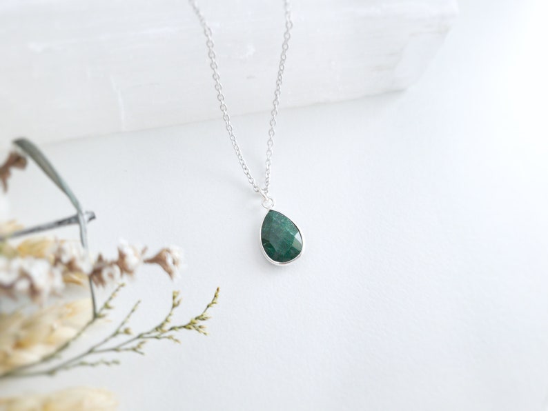 Sterling Silver Emerald Necklace Natural Emerald Pendant Necklace Teardrop Necklace Gold Emerald Jewelry May Birthstone Gift image 4