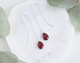 Pendientes de Rubí de Plata Esterlina Pendientes de Gota de Rubí de Plata de Ley Pendientes de Enhebrador de Rubí Natural Pendientes Pendientes Colgantes de Rubí Natural