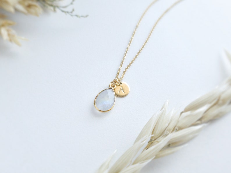 Personalized Moonstone Necklace, Rainbow Moonstone Monogram Necklace, Initial Birthstone Necklace, Engraved Necklace, June Birthstone image 2