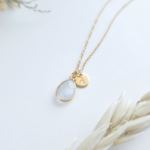 Personalized Moonstone Necklace Rainbow Moonstone Monogram Necklace Initial Birthstone Necklace Personalized Rainbow Pendant Necklace