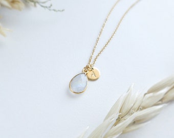 Personalized Moonstone Necklace Rainbow Moonstone Monogram Necklace Initial Birthstone Necklace Personalized Rainbow Pendant Necklace