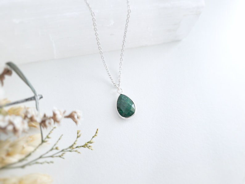 Sterling Silver Emerald Necklace Natural Emerald Pendant Necklace Teardrop Necklace Gold Emerald Jewelry May Birthstone Gift image 1