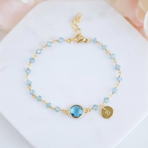 Pulsera de topacio personalizada Joyería de topacio azul Regalo personalizado para novia Regalo para mamá Pulsera inicial Pulsera de carta