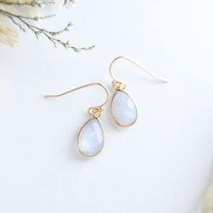 Gold Moonstone Earrings Rainbow Moonstone Tear Drop Earrings  June Birthstone Tiny Drop Earrings