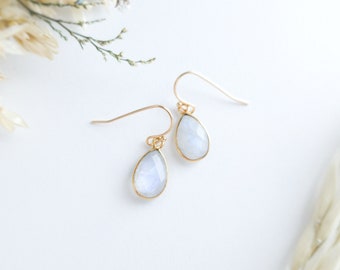 Gold Moonstone Earrings Rainbow Moonstone Tear Drop Earrings  June Birthstone Tiny Drop Earrings