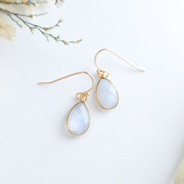 Gold Moonstone Earrings Rainbow Moonstone Tear Drop Earrings  June Birthstone Tiny Drop Earrings