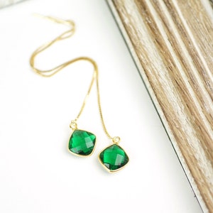 Emerald Earrings Green Threader Earrings Long Chain Earrings Front Back Chain May Birthstone Gift
