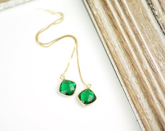 Emerald Earrings Green Threader Earrings Long Chain Earrings Front Back Chain May Birthstone Gift