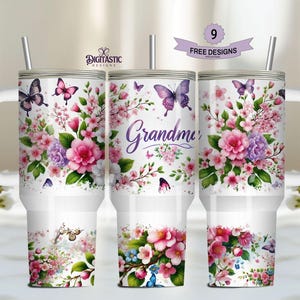 Grandma 40 oz Tumbler Sublimation Design, Flowers butterfly Watercolor Floral Digital PNG Tumbler Wrap Digital Download