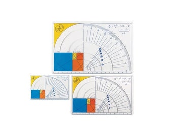 May include: Three clear plastic protractors with a yellow background and blue and orange squares. The protractors have a scale of 0 to 90 degrees and are labeled with the formula "a+b = 1.618... = phi".