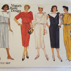 May include: Vogue's Basic Design pattern 1517 showing illustrations of five dress designs. The dresses are in various colours, including white, red, black, and yellow. Each dress has a unique neckline and silhouette, with a focus on 1980s fashion.